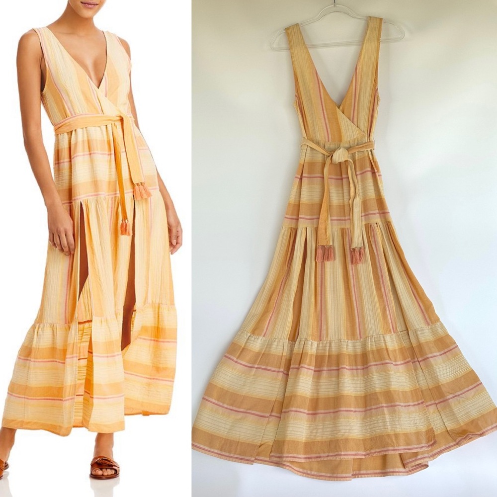 L*Space Clara Plunging Yellow Stripe Sleeveless Double Slit Maxi Dress XS